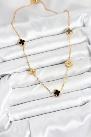 316L Çelik Zincir Gold Renk Siyah ve Zirkon Taşlı Baby Boy Yonca Kadın Kolye - PRT3500EB08947