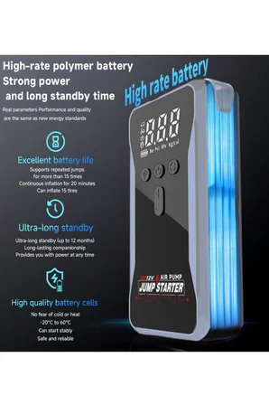Şarjlı Taşınabilir 12 Volt Akü Takviye Cihazı Lastik Hava Kompresörü 5v Powerbanklı Işıklı Çantalı