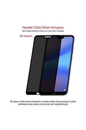 Huawei P20 Lite Siyah Gizlilik Filtreli Privacy Hayalet Ekran Koruyucu Yandan Bakıldığında Görünmez