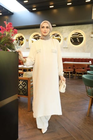 BURİSLA TESETTÜR PARİSYA TAŞLI İKİLİ TAKIM KREM