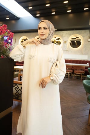 BURİSLA TESETTÜR PARİSYA TAŞLI İKİLİ TAKIM KREM