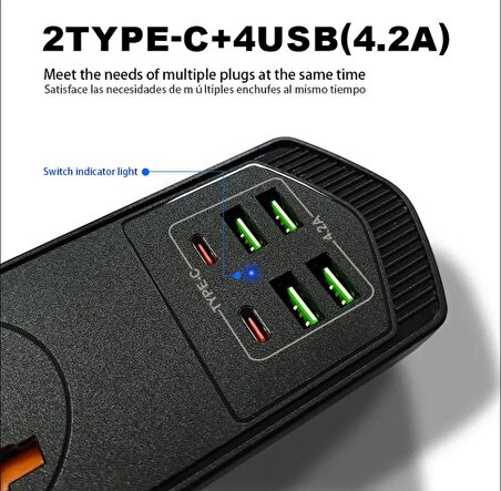 qasul Yeni Nesil TypC Port Girişli Akım Korumalı 10 Girişli 4 Priz 4 USB, 2 Type-C Giriş, Isıya Dayanıklı
