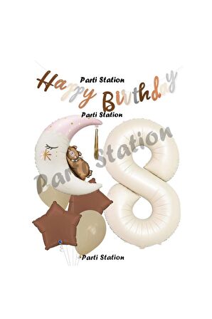Sevimli Ayıcık Krem Renk Rakam Balon Set 8 Yaş Ay Dede Uyuyan Ayıcıklı Happy Birthday Balon Set