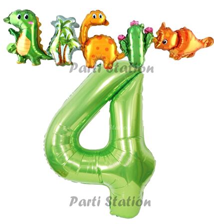 Yeşil Renk Rakam Balonlu Dinozor 4 Yaş Doğum Günü Parti Yapışık Balon Set Dinozor Tema Parti Set
