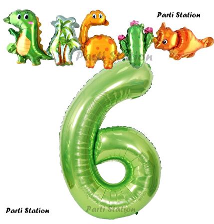 Yeşil Renk Rakam Balonlu Dinozor 6 Yaş Doğum Günü Parti Yapışık Balon Set Dinozor Tema Parti Set