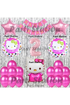 Hello Kitty Balon Set 2 Yaş Hello Kitty Sevimki Kedi Konsept Pembe Rakam Doğum Günü Parti Balon Set
