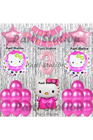 Hello Kitty Balon Set 3 Yaş Hello Kitty Sevimki Kedi Konsept Pembe Rakam Doğum Günü Parti Balon Set
