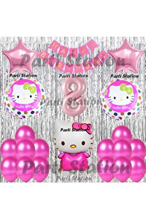 Hello Kitty Balon Set 8 Yaş Hello Kitty Sevimki Kedi Konsept Pembe Rakam Doğum Günü Parti Balon Set
