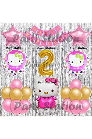 Hello Kitty Balon Set 1 Yaş Hello Kitty Sevimki Kedi Konsept Altın Rakam Doğum Günü Parti Balon Set