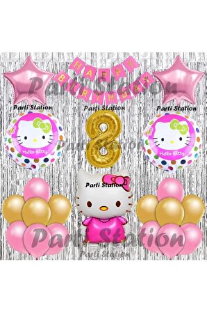 Hello Kitty Balon Set 1 Yaş Hello Kitty Sevimki Kedi Konsept Altın Rakam Doğum Günü Parti Balon Set