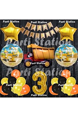 İnşaat Konsept Kamyon Balon Set 3 Yaş Siyah İnşaat Tema Kamyon Doğum Günü Balon Set