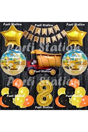 İnşaat Konsept Kamyon Balon Set 8 Yaş Siyah İnşaat Tema Kamyon Doğum Günü Balon Set