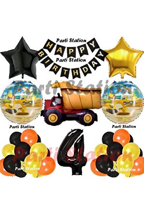İnşaat Konsept Kamyon Balon Set 4 Yaş İnşaat Tema Kamyon Tema Doğum Günü Balon Set