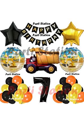 İnşaat Konsept Kamyon Balon Set 7 Yaş İnşaat Tema Kamyon Tema Doğum Günü Balon Set