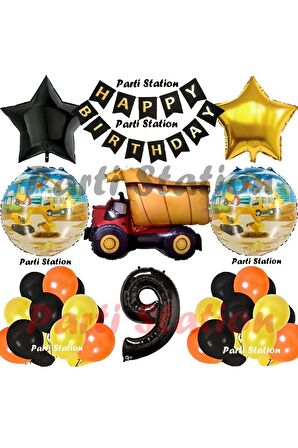 İnşaat Konsept Kamyon Balon Set 9 Yaş İnşaat Tema Kamyon Tema Doğum Günü Balon Set