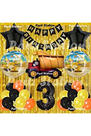 İnşaat Konsept Kamyon Balon Set 3 Yaş Sarı Siyah İnşaat Tema Kamyon Doğum Günü Balon Set
