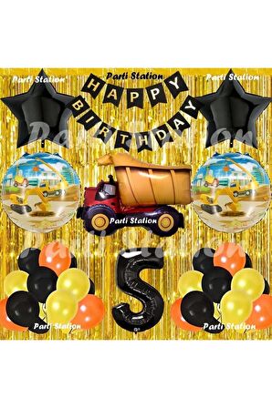İnşaat Konsept Kamyon Balon Set 5 Yaş Sarı Siyah İnşaat Tema Kamyon Doğum Günü Balon Set