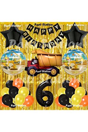 İnşaat Konsept Kamyon Balon Set 6 Yaş Sarı Siyah İnşaat Tema Kamyon Doğum Günü Balon Set