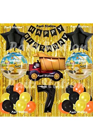 İnşaat Konsept Kamyon Balon Set 7 Yaş Sarı Siyah İnşaat Tema Kamyon Doğum Günü Balon Set
