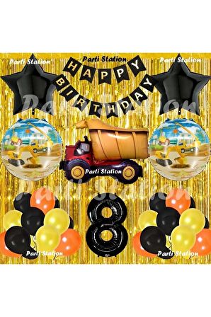 İnşaat Konsept Kamyon Balon Set 8 Yaş Sarı Siyah İnşaat Tema Kamyon Doğum Günü Balon Set