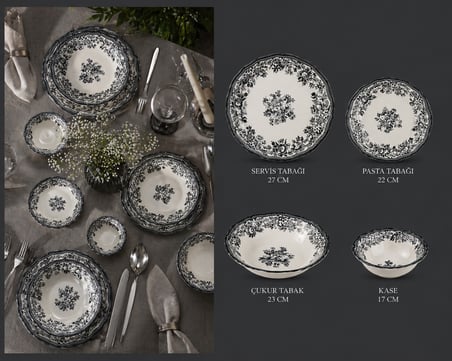 Porser Velour Antrasit Fulya Yemek Seti – 24 Parça 6 Kişilik