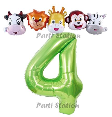 Yeşil Renk Rakam Balonlu Safari 4 Yaş Doğum Günü Parti Balon Set Safari Hayvanlar Tema Parti