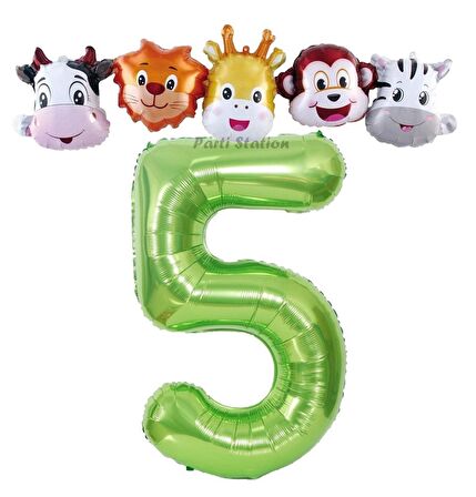 Yeşil Renk Rakam Balonlu Safari 5 Yaş Doğum Günü Parti Balon Set Safari Hayvanlar Tema Parti