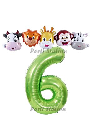 Yeşil Renk Rakam Balonlu Safari 6 Yaş Doğum Günü Parti Balon Set Safari Hayvanlar Tema Parti