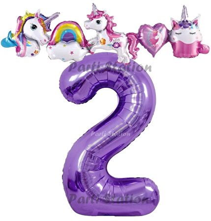 Mor Renk Rakam Balonlu Unicorn 2 Yaş Doğum Günü Parti Balon Set Unicorn Tema Lila Renk Parti Seti