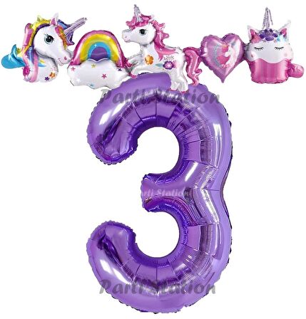 Mor Renk Rakam Balonlu Unicorn 3 Yaş Doğum Günü Parti Balon Set Unicorn Tema Lila Renk Parti Seti