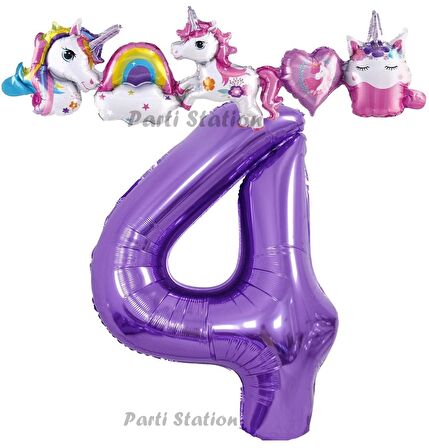 Mor Renk Rakam Balonlu Unicorn 4 Yaş Doğum Günü Parti Balon Set Unicorn Tema Lila Renk Parti Seti