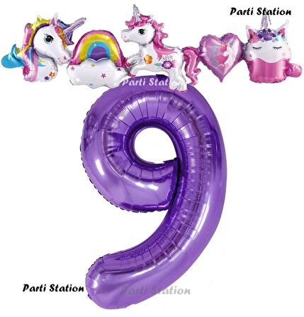 Mor Renk Rakam Balonlu Unicorn 9 Yaş Doğum Günü Parti Balon Set Unicorn Tema Lila Renk Parti Seti