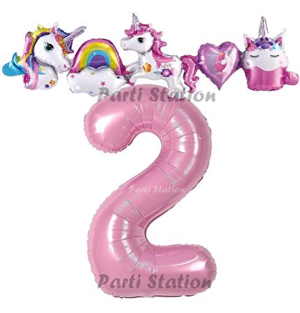 Pembe Renk Rakam Balonlu Unicorn 2 Yaş Doğum Günü Parti Balon Set Pembe Renk Unicorn Tema Parti Seti