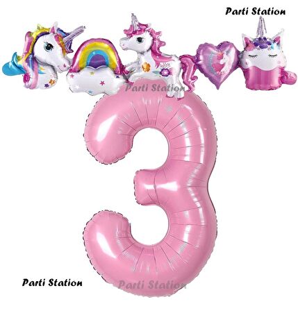 Pembe Renk Rakam Balonlu Unicorn 3 Yaş Doğum Günü Parti Balon Set Pembe Renk Unicorn Tema Parti Seti