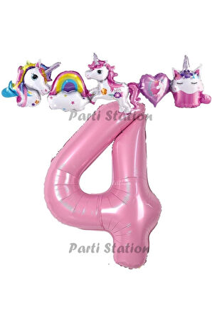 Pembe Renk Rakam Balonlu Unicorn 1 Yaş Doğum Günü Parti Balon Set Pembe Renk Unicorn Tema Parti Seti