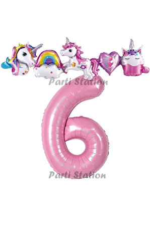 Pembe Renk Rakam Balonlu Unicorn 1 Yaş Doğum Günü Parti Balon Set Pembe Renk Unicorn Tema Parti Seti