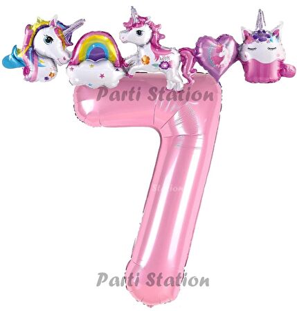 Pembe Renk Rakam Balonlu Unicorn 7 Yaş Doğum Günü Parti Balon Set Pembe Renk Unicorn Tema Parti Seti