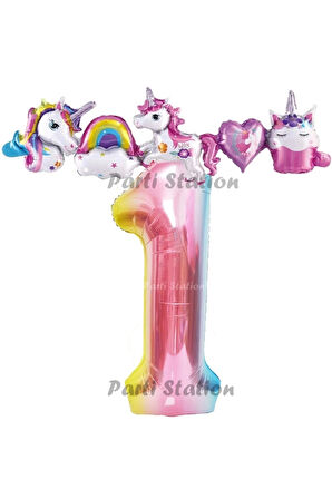 Renkli Gökkuşağı Renk Rakam Balonlu Unicorn 5 Yaş Doğum Günü Parti Balon Set Unicorn Tema Parti Seti