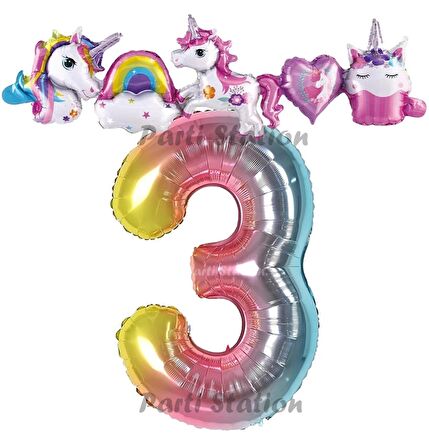 Renkli Gökkuşağı Renk Rakam Balonlu Unicorn 3 Yaş Doğum Günü Parti Balon Set Unicorn Tema Parti Seti