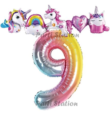 Renkli Gökkuşağı Renk Rakam Balonlu Unicorn 9 Yaş Doğum Günü Parti Balon Set Unicorn Tema Parti Seti