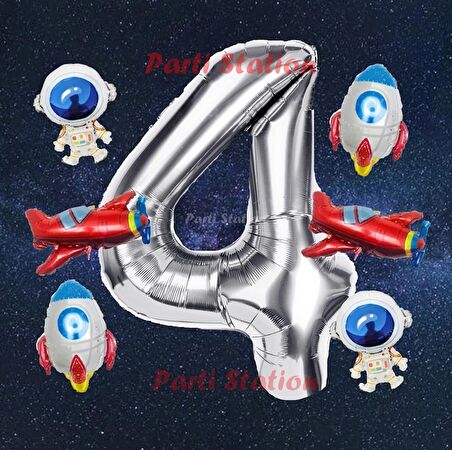 Gümüş Renk Rakam Balon Uzay Konsept 4 Yaş Doğum Günü Balon Set Galaksi Astronot Space Roket Balon