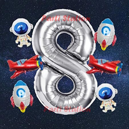 Gümüş Renk Rakam Balon Uzay Konsept 8 Yaş Doğum Günü Balon Set Galaksi Astronot Space Roket Balon