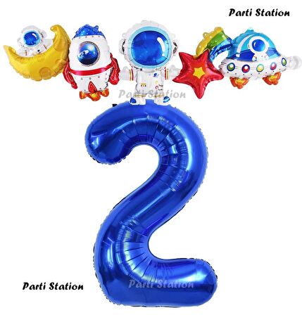 Lacivert Renk Rakam Balonlu Uzay Konsept 2 Yaş Doğum Günü Balon Set Galaksi Astronot Space Parti