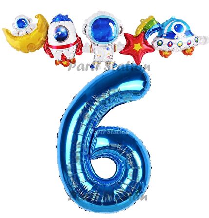 Lacivert Renk Rakam Balonlu Uzay Konsept 6 Yaş Doğum Günü Balon Set Galaksi Astronot Space Parti