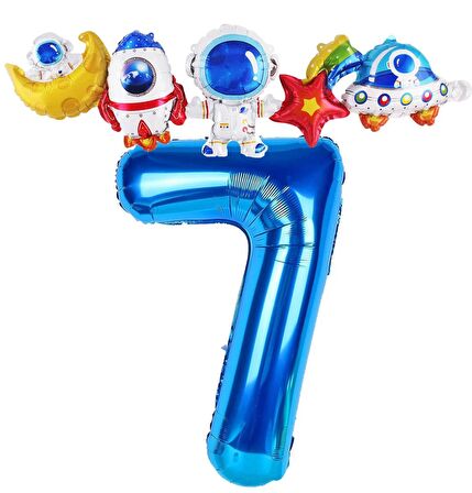 Lacivert Renk Rakam Balonlu Uzay Konsept 7 Yaş Doğum Günü Balon Set Galaksi Astronot Space Parti