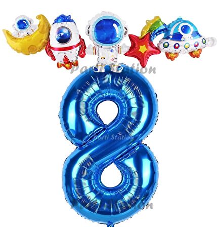 Lacivert Renk Rakam Balonlu Uzay Konsept 8 Yaş Doğum Günü Balon Set Galaksi Astronot Space Parti