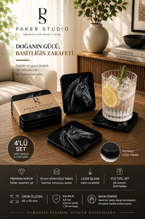 At Temalı Siyah Akrilik Bardak Altlığı 4lü Set