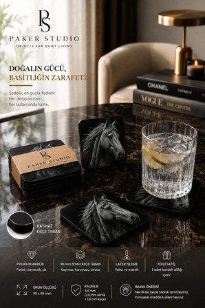 At Temalı Siyah Akrilik Bardak Altlığı 4lü Set