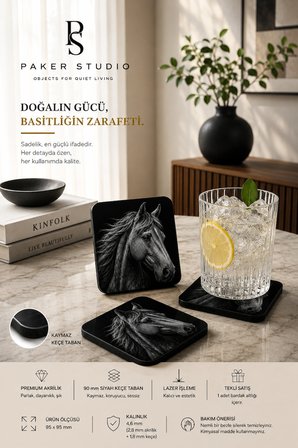 At Temalı Siyah Akrilik Bardak Altlığı 4lü Set