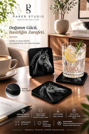 At Temalı Siyah Akrilik Bardak Altlığı 4lü Set